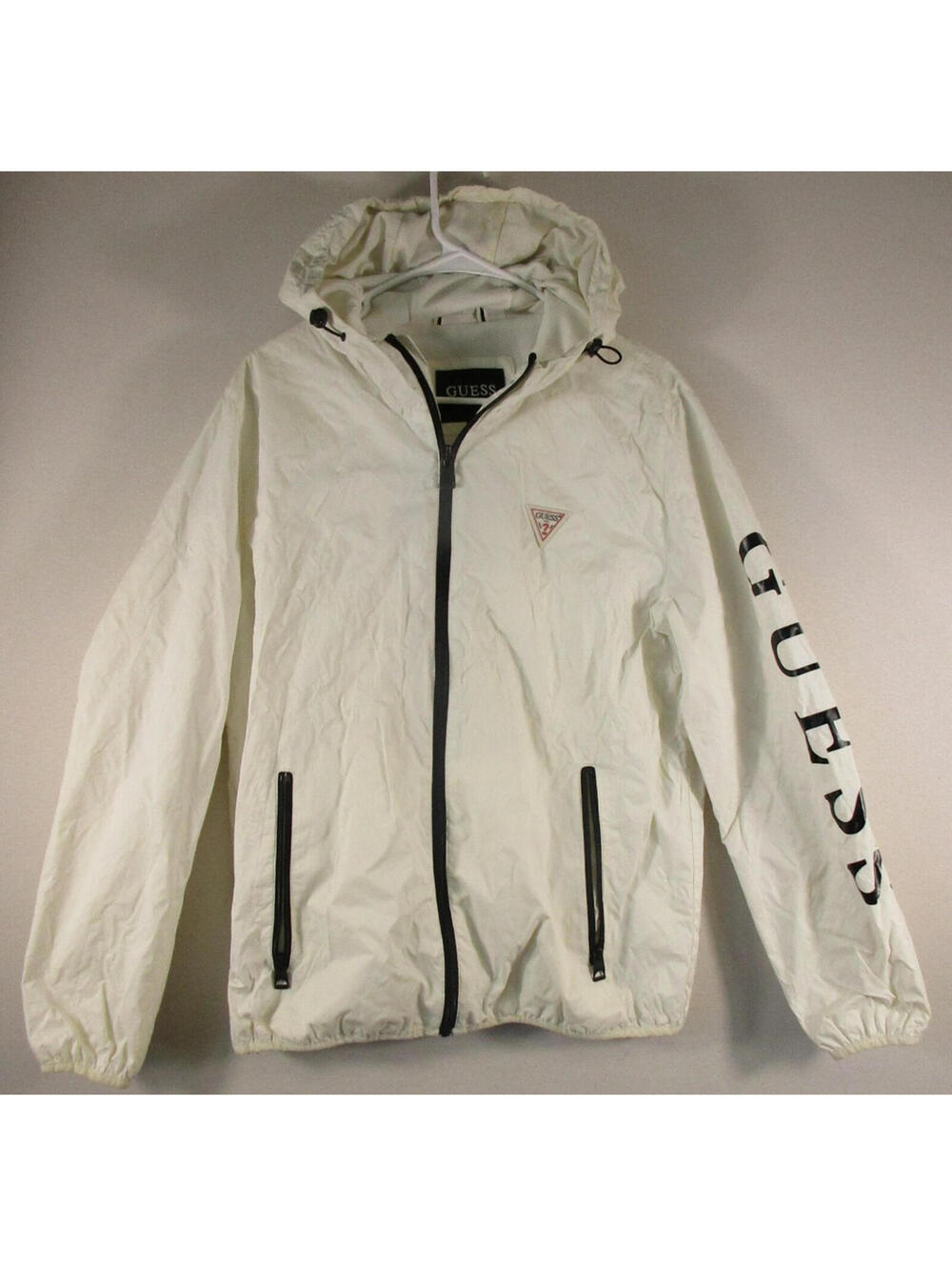 Guess Mens Zip-Up Hooded Windbreaker Jacket Long Sleeve Pockets Size M White
